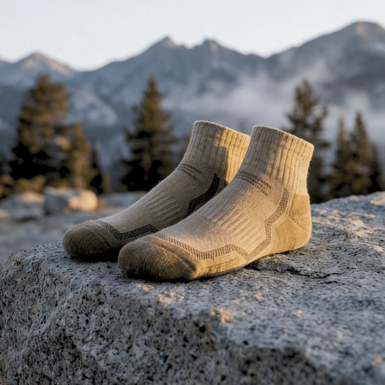 Beige Merino-Wandersocken von Viamilo auf einem Felsen vor einer herbstlichen Berglandschaft