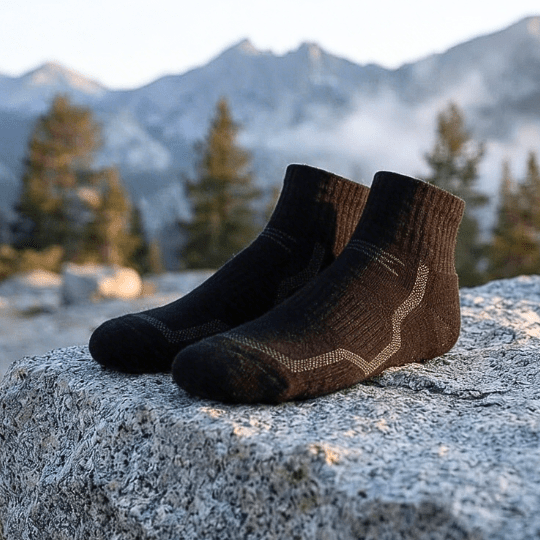 Schwarze Merino-Wandersocken von Viamilo auf einem Felsen vor einer Berglandschaft